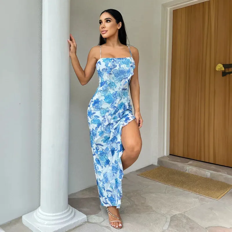 2024 Summer Floral Off-the-Shoulder Halter Dress with Flanged Splicing Split