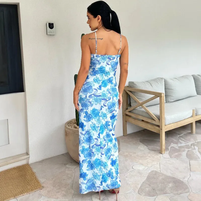 2024 Summer Floral Off-the-Shoulder Halter Dress with Flanged Splicing Split