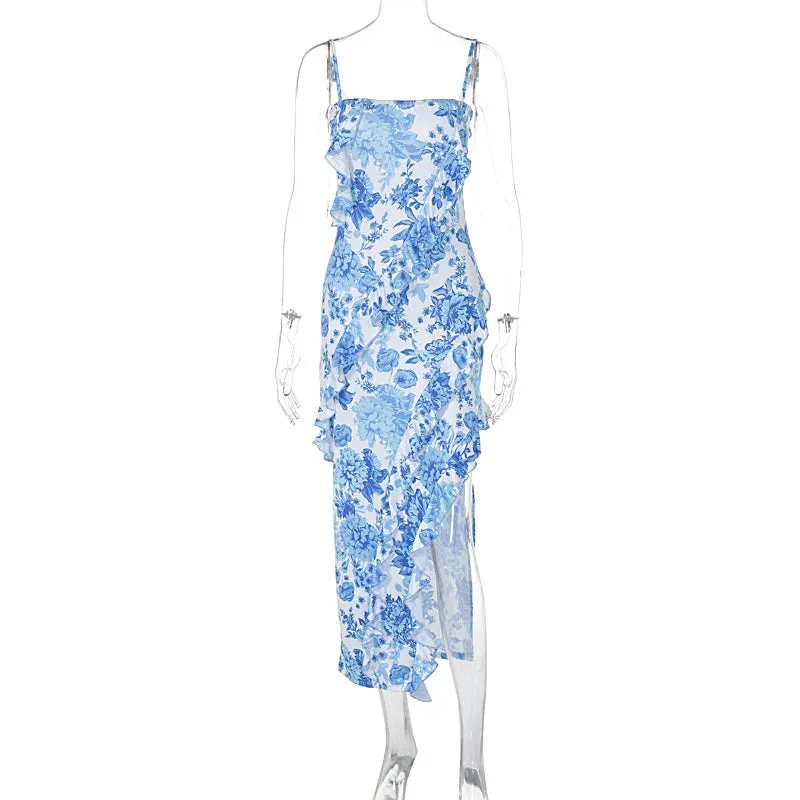 2024 Summer Floral Off-the-Shoulder Halter Dress with Flanged Splicing Split