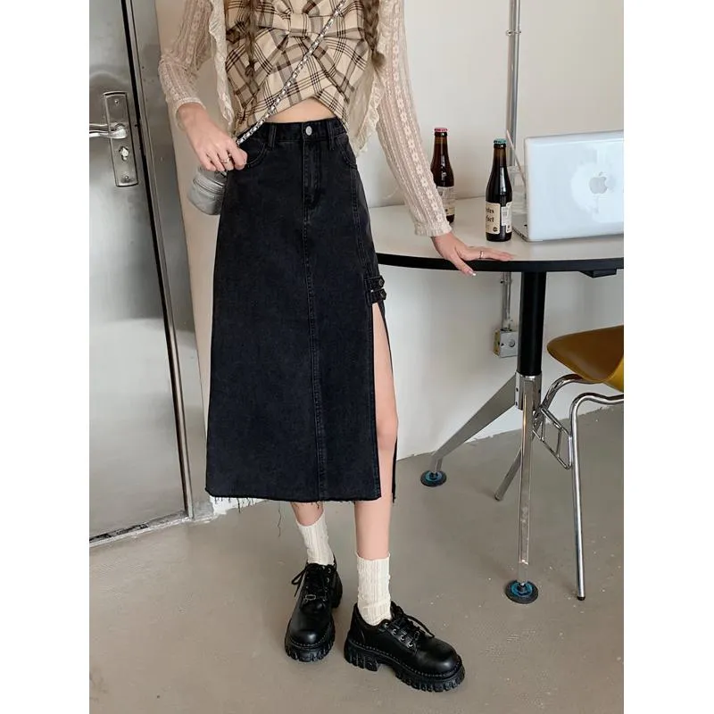 A-Line Retro High-Waisted Split Thigh Denim Skirt