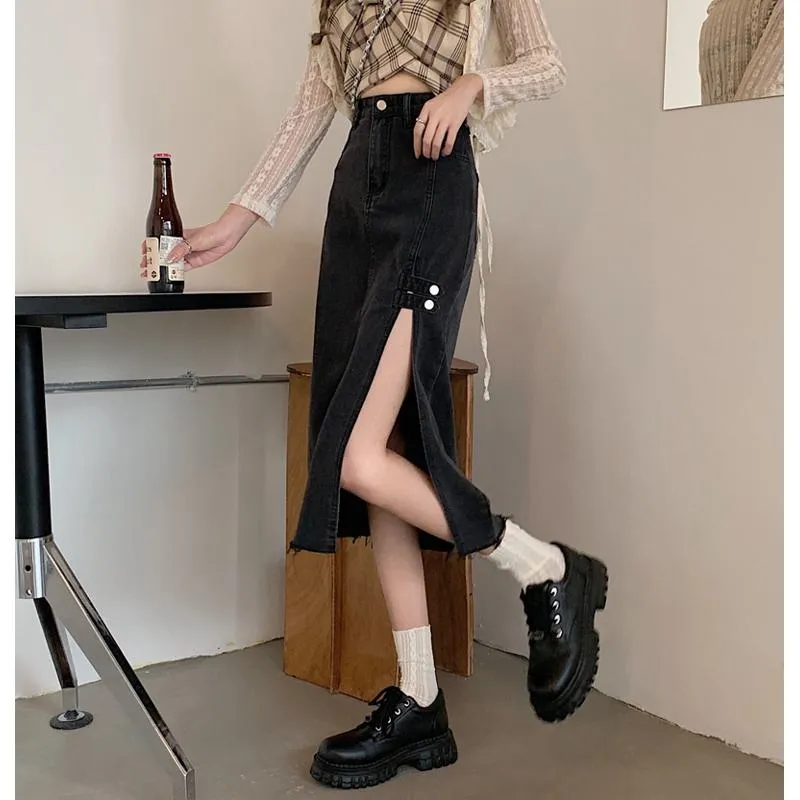 A-Line Retro High-Waisted Split Thigh Denim Skirt