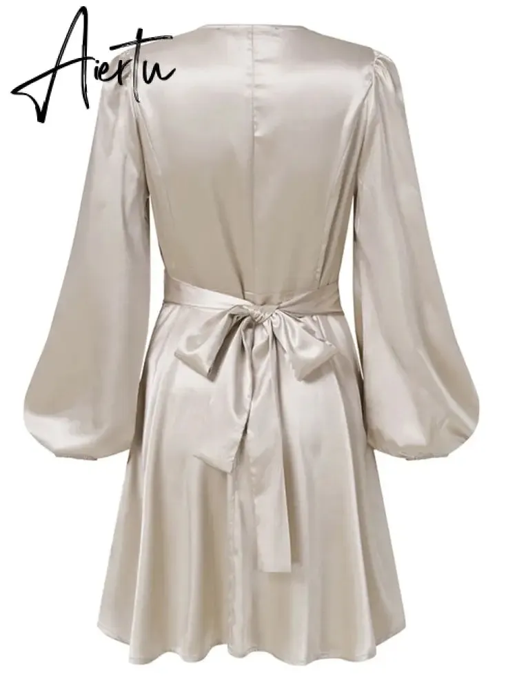 Aiertu Women Silk Dress Celmia Satin Mini Robe Summer Elegant Party Wrap Evening Dress Long Lantern Sleeve V Neck Solid Vestidos
