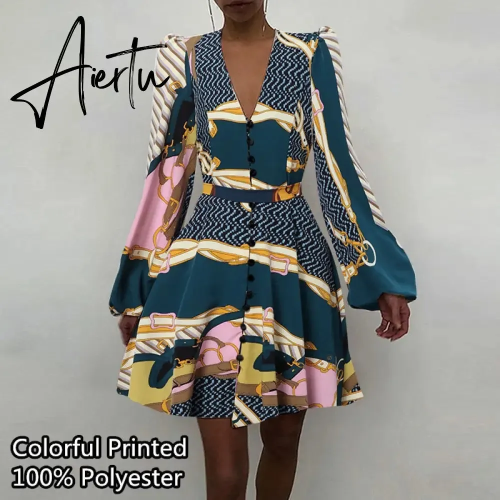 Aiertu Women Silk Dress Celmia Satin Mini Robe Summer Elegant Party Wrap Evening Dress Long Lantern Sleeve V Neck Solid Vestidos