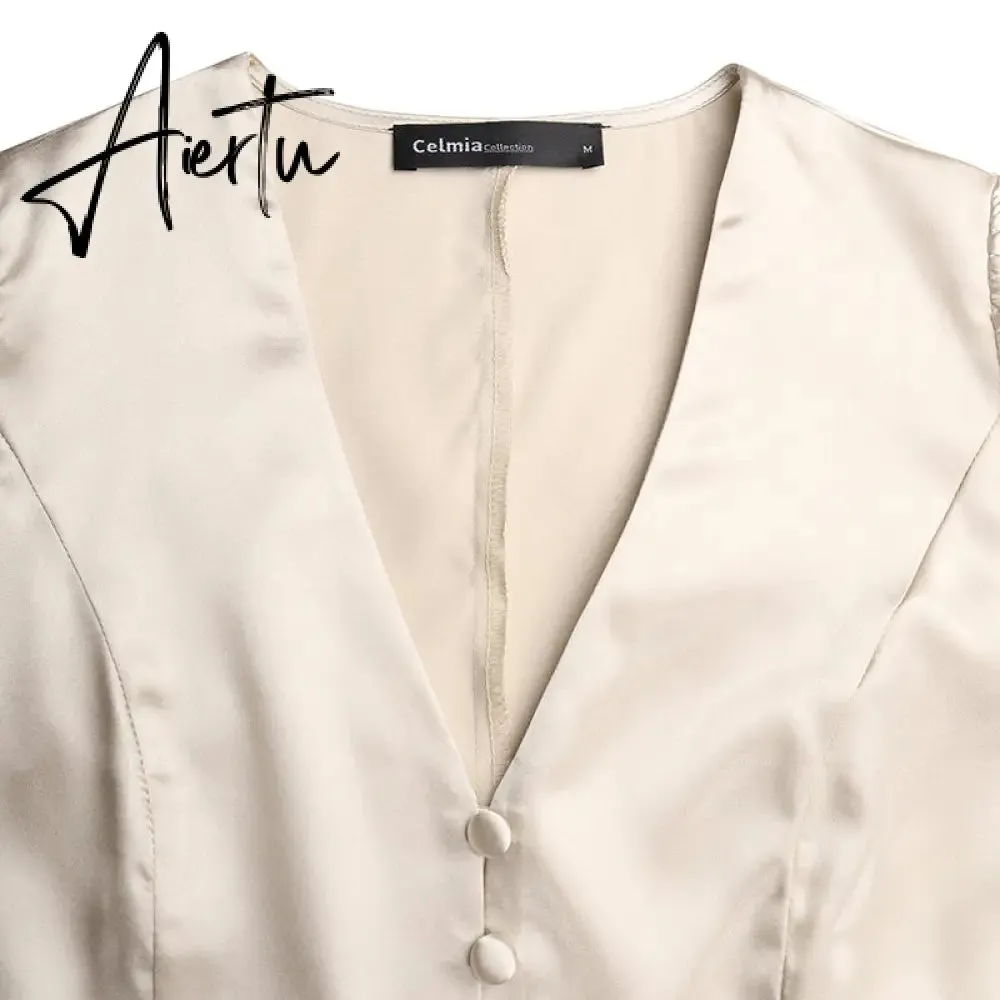 Aiertu Women Silk Dress Celmia Satin Mini Robe Summer Elegant Party Wrap Evening Dress Long Lantern Sleeve V Neck Solid Vestidos