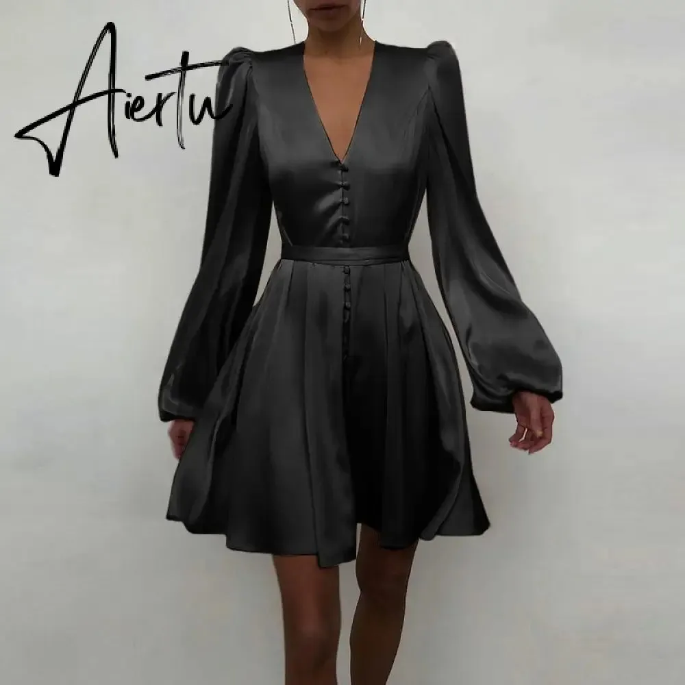 Aiertu Women Silk Dress Celmia Satin Mini Robe Summer Elegant Party Wrap Evening Dress Long Lantern Sleeve V Neck Solid Vestidos