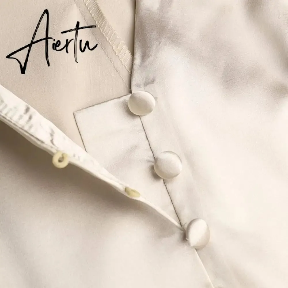 Aiertu Women Silk Dress Celmia Satin Mini Robe Summer Elegant Party Wrap Evening Dress Long Lantern Sleeve V Neck Solid Vestidos