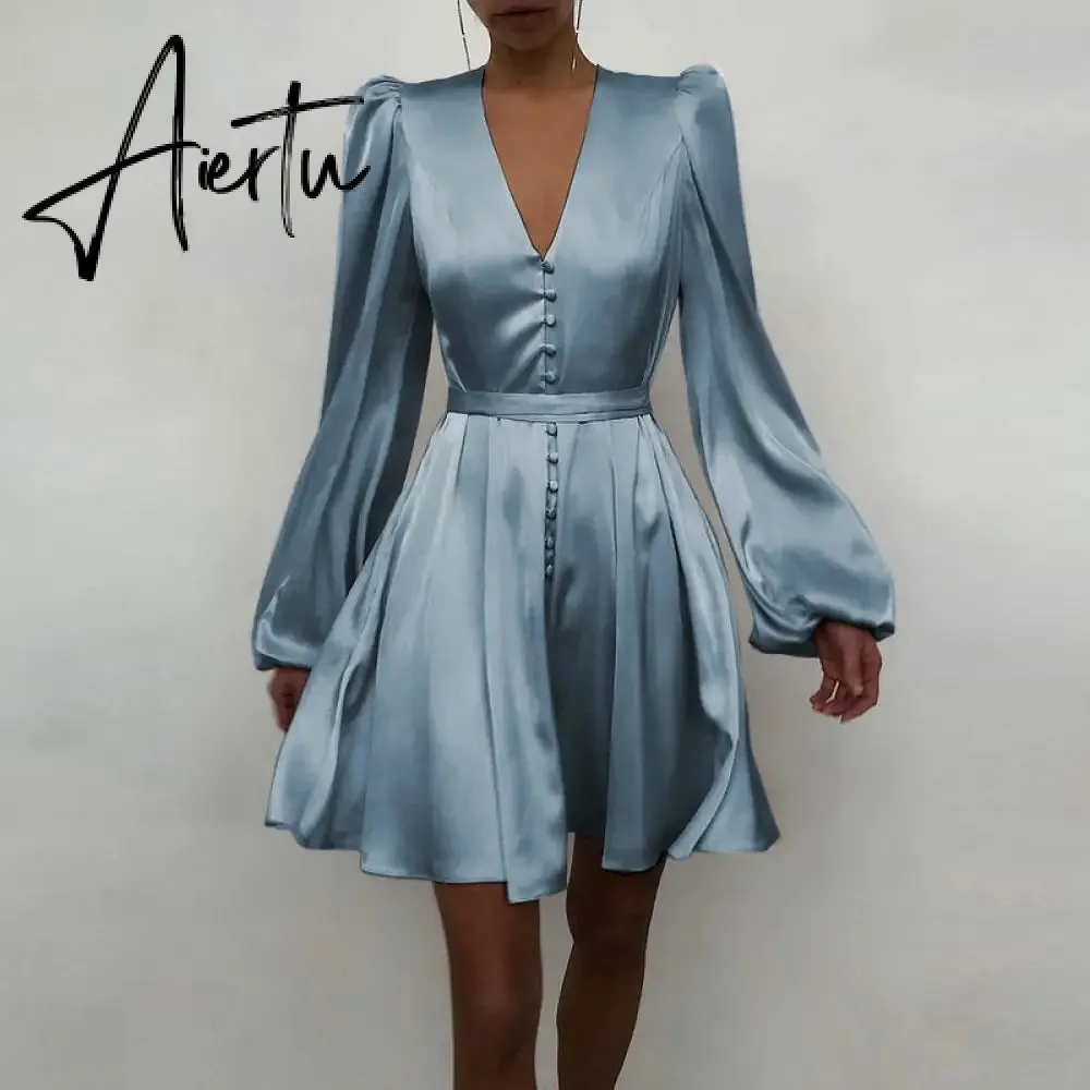 Aiertu Women Silk Dress Celmia Satin Mini Robe Summer Elegant Party Wrap Evening Dress Long Lantern Sleeve V Neck Solid Vestidos