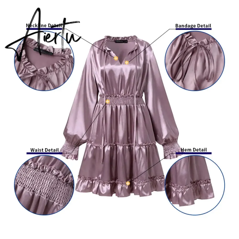 Aiertu Women Silk Dress Celmia Satin Mini Robe Summer Elegant Party Wrap Evening Dress Long Lantern Sleeve V Neck Solid Vestidos