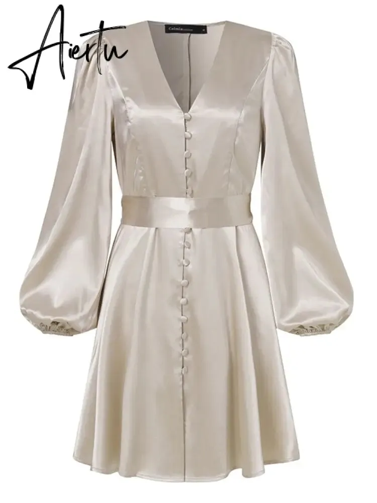 Aiertu Women Silk Dress Celmia Satin Mini Robe Summer Elegant Party Wrap Evening Dress Long Lantern Sleeve V Neck Solid Vestidos