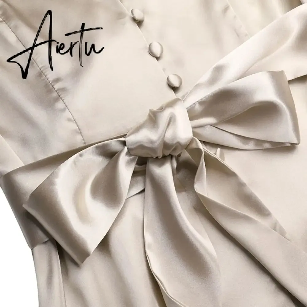 Aiertu Women Silk Dress Celmia Satin Mini Robe Summer Elegant Party Wrap Evening Dress Long Lantern Sleeve V Neck Solid Vestidos