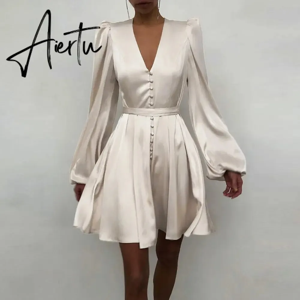 Aiertu Women Silk Dress Celmia Satin Mini Robe Summer Elegant Party Wrap Evening Dress Long Lantern Sleeve V Neck Solid Vestidos