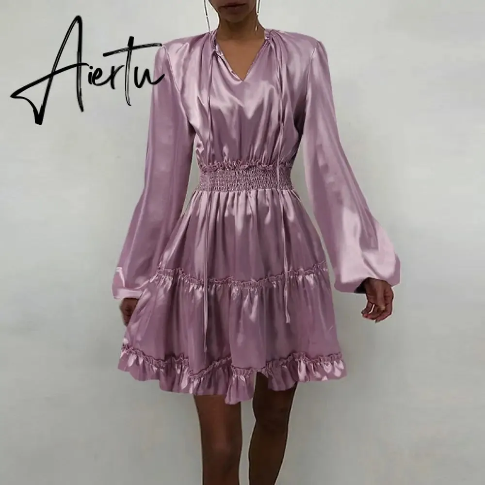 Aiertu Women Silk Dress Celmia Satin Mini Robe Summer Elegant Party Wrap Evening Dress Long Lantern Sleeve V Neck Solid Vestidos