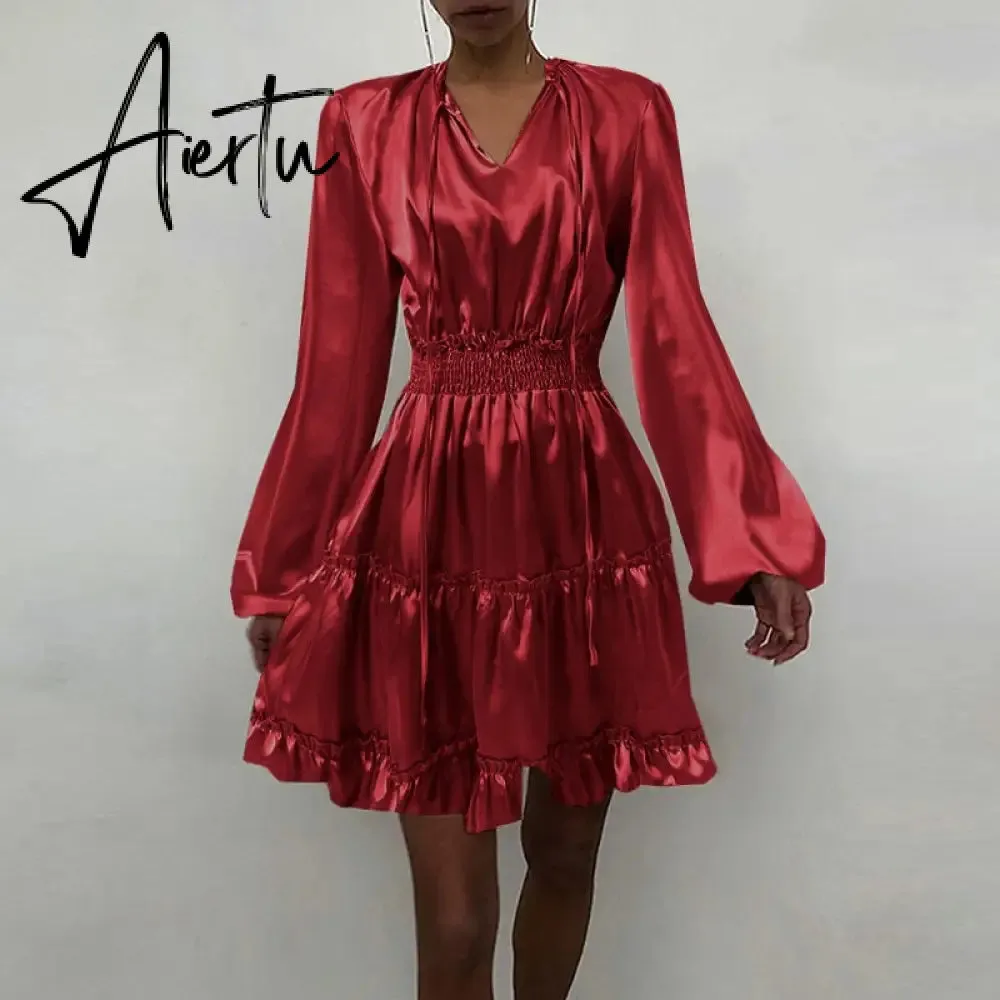 Aiertu Women Silk Dress Celmia Satin Mini Robe Summer Elegant Party Wrap Evening Dress Long Lantern Sleeve V Neck Solid Vestidos