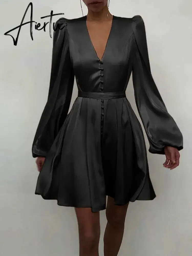 Aiertu Women Silk Dress Celmia Satin Mini Robe Summer Elegant Party Wrap Evening Dress Long Lantern Sleeve V Neck Solid Vestidos