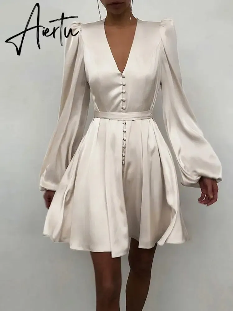 Aiertu Women Silk Dress Celmia Satin Mini Robe Summer Elegant Party Wrap Evening Dress Long Lantern Sleeve V Neck Solid Vestidos
