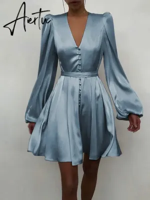Aiertu Women Silk Dress Celmia Satin Mini Robe Summer Elegant Party Wrap Evening Dress Long Lantern Sleeve V Neck Solid Vestidos