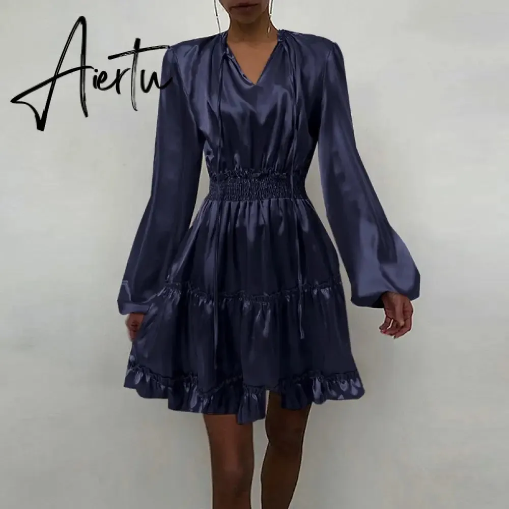 Aiertu Women Silk Dress Celmia Satin Mini Robe Summer Elegant Party Wrap Evening Dress Long Lantern Sleeve V Neck Solid Vestidos