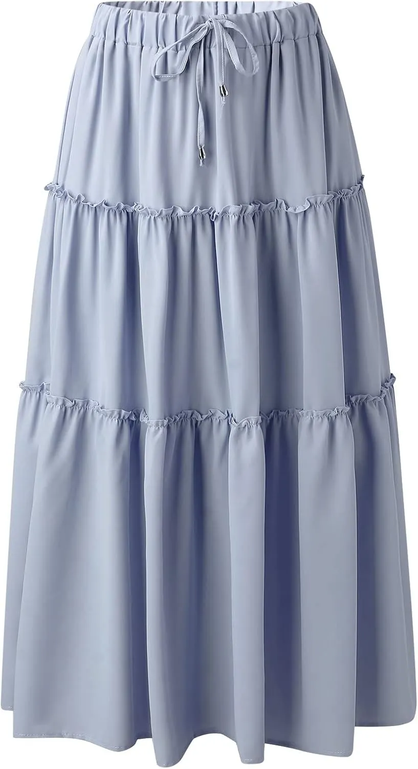 Beach Skirt for Summer Vacation High Elastic Waist Casual A Line Loose Solid Long Skirts for Women Trendy Clothes