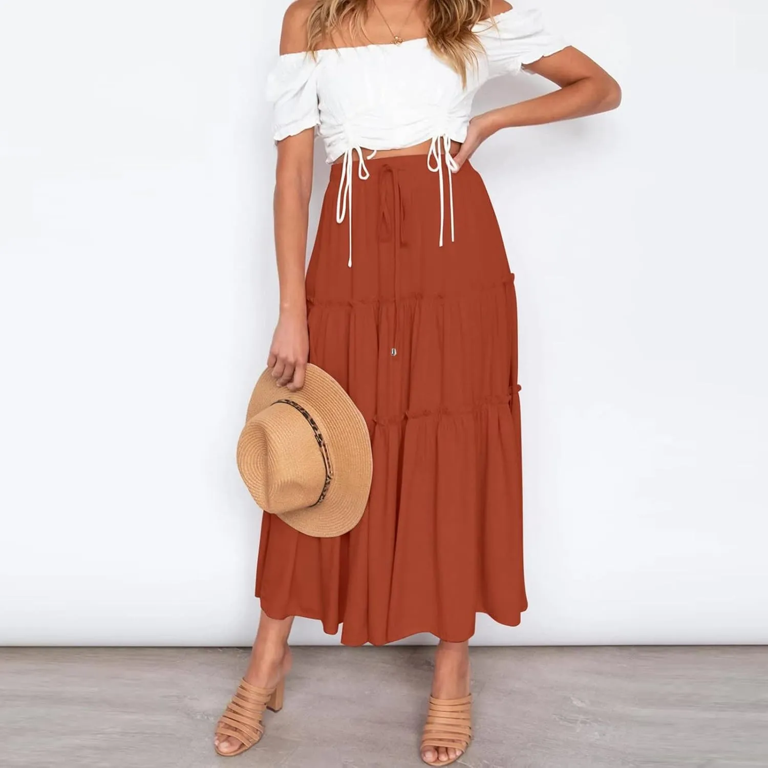 Beach Skirt for Summer Vacation High Elastic Waist Casual A Line Loose Solid Long Skirts for Women Trendy Clothes