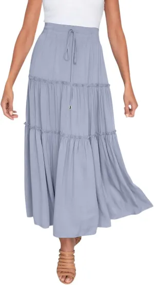 Beach Skirt for Summer Vacation High Elastic Waist Casual A Line Loose Solid Long Skirts for Women Trendy Clothes