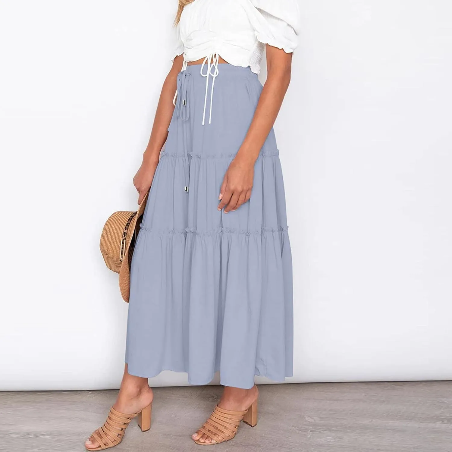 Beach Skirt for Summer Vacation High Elastic Waist Casual A Line Loose Solid Long Skirts for Women Trendy Clothes