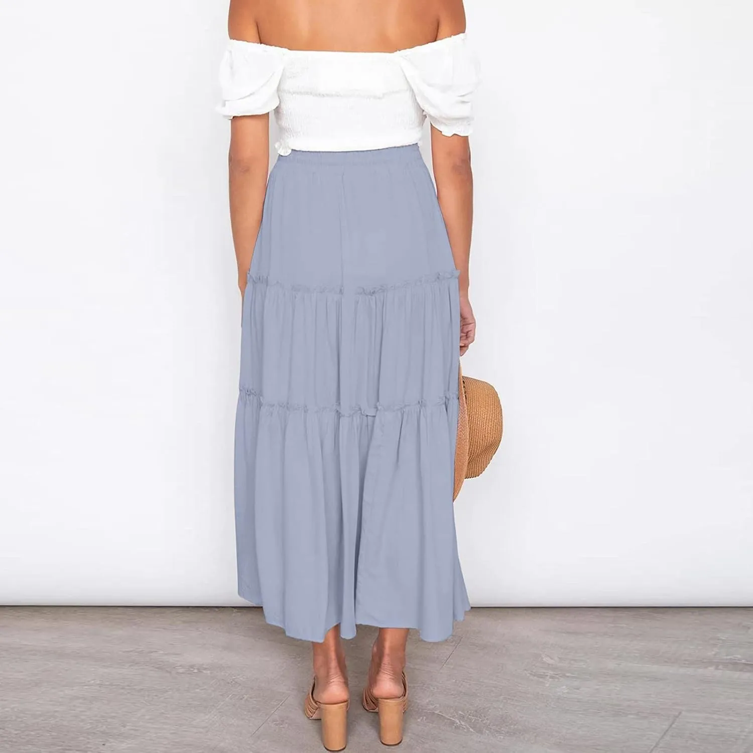 Beach Skirt for Summer Vacation High Elastic Waist Casual A Line Loose Solid Long Skirts for Women Trendy Clothes