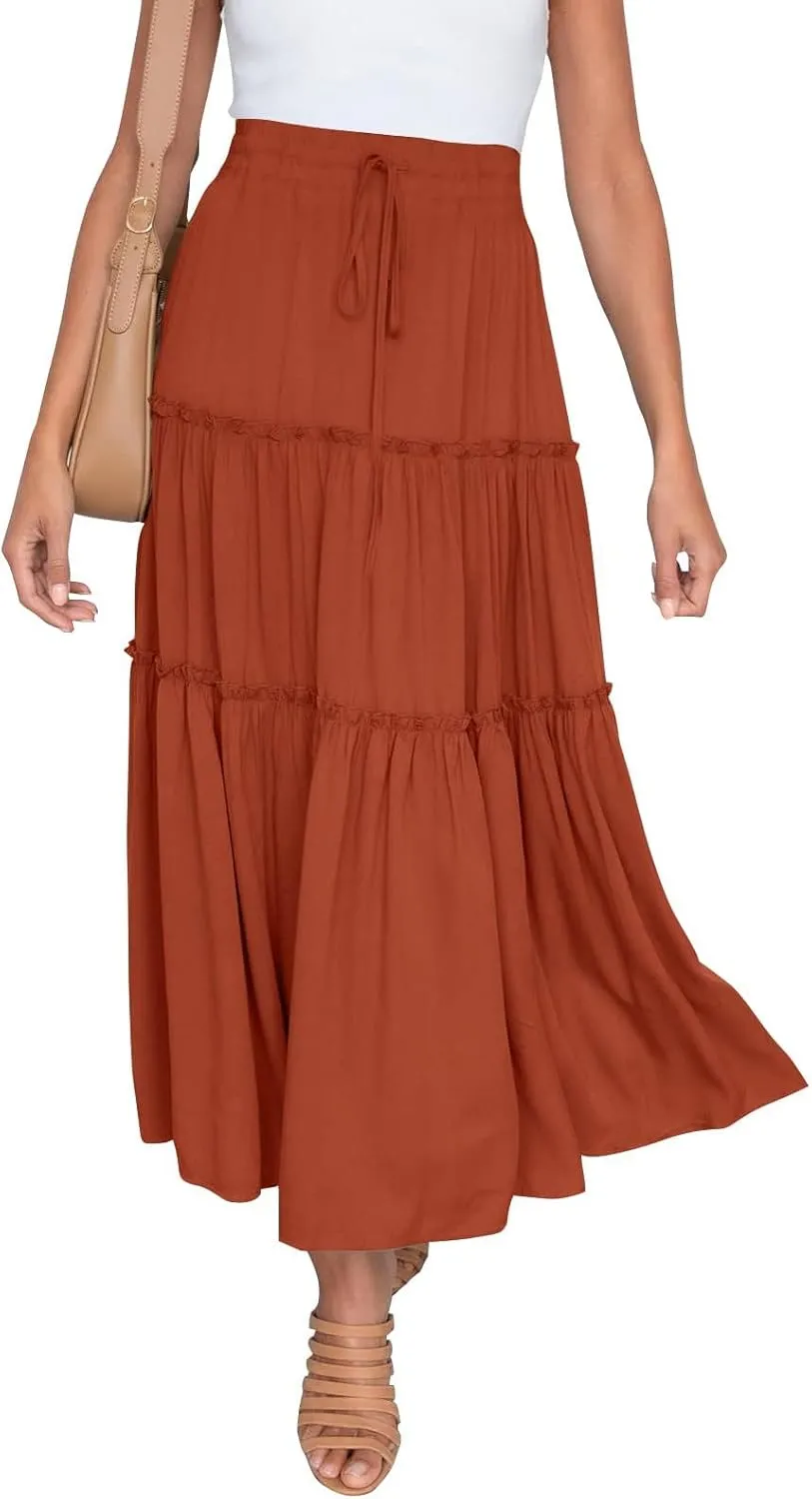 Beach Skirt for Summer Vacation High Elastic Waist Casual A Line Loose Solid Long Skirts for Women Trendy Clothes