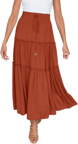 Beach Skirt for Summer Vacation High Elastic Waist Casual A Line Loose Solid Long Skirts for Women Trendy Clothes