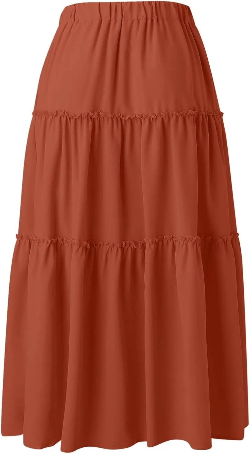 Beach Skirt for Summer Vacation High Elastic Waist Casual A Line Loose Solid Long Skirts for Women Trendy Clothes