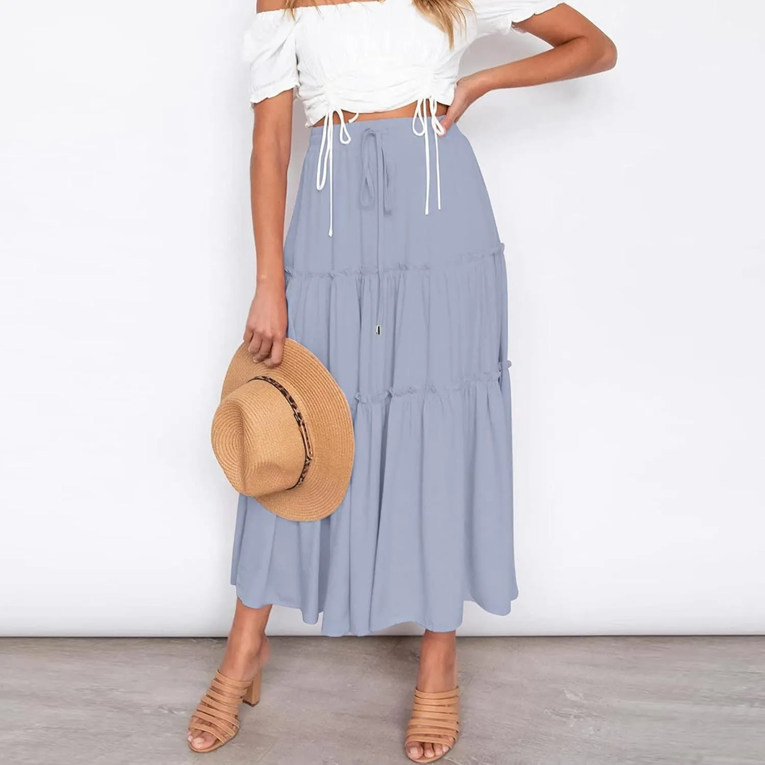 Beach Skirt for Summer Vacation High Elastic Waist Casual A Line Loose Solid Long Skirts for Women Trendy Clothes