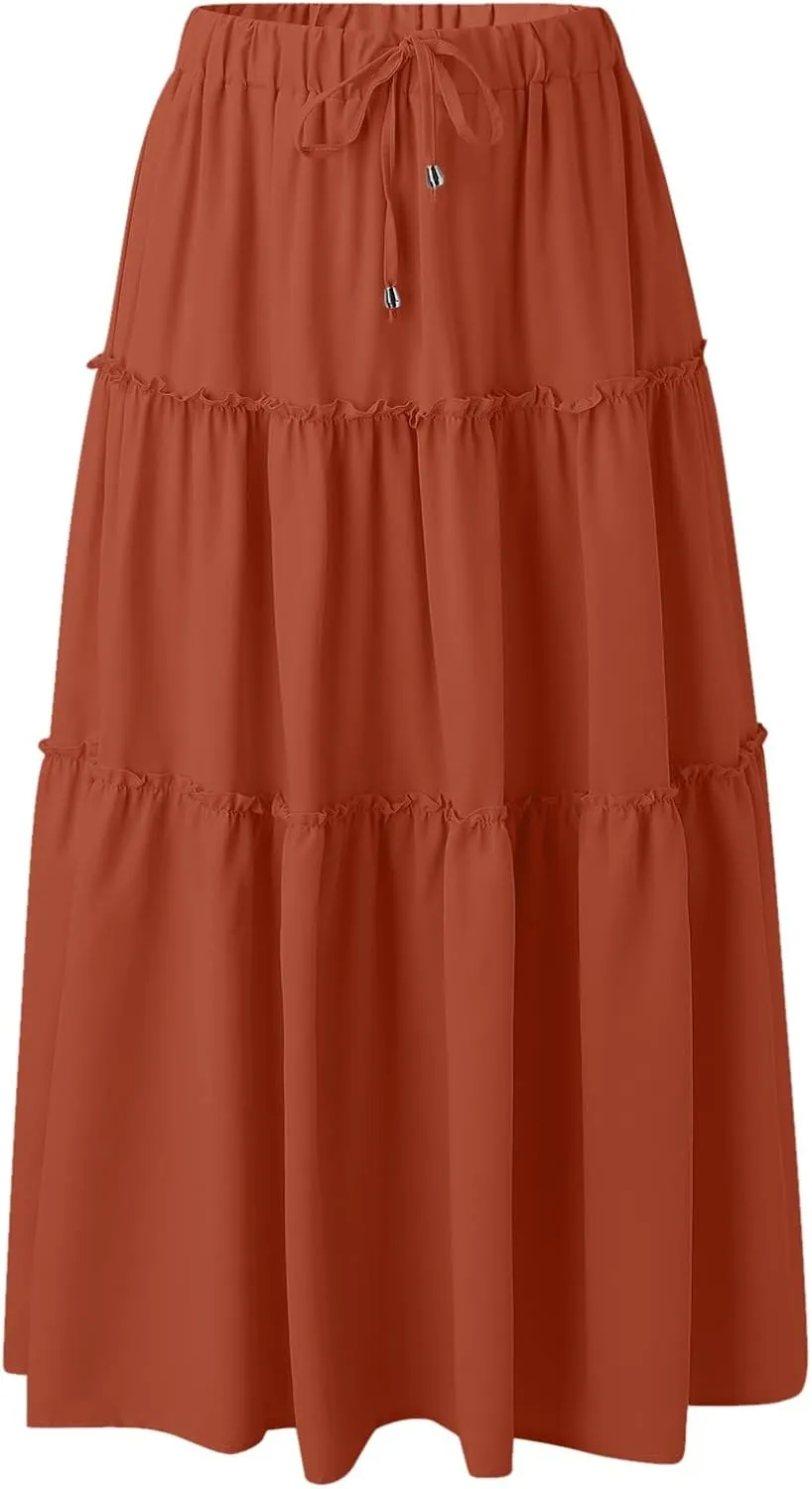 Beach Skirt for Summer Vacation High Elastic Waist Casual A Line Loose Solid Long Skirts for Women Trendy Clothes