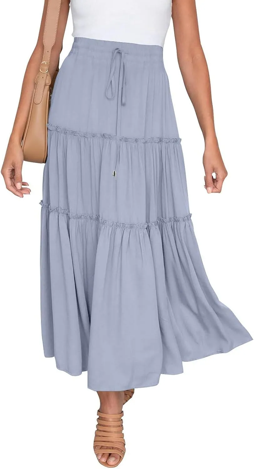 Beach Skirt for Summer Vacation High Elastic Waist Casual A Line Loose Solid Long Skirts for Women Trendy Clothes