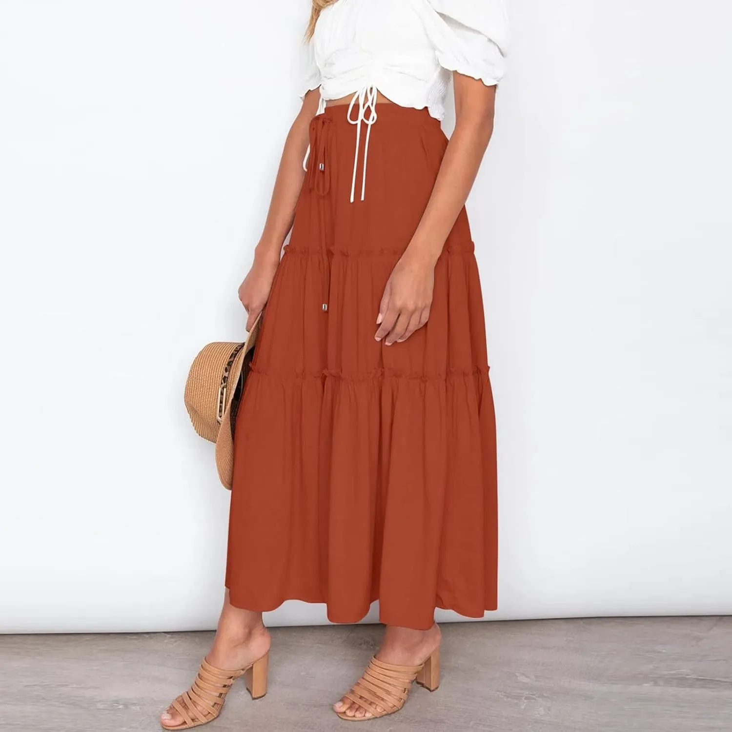 Beach Skirt for Summer Vacation High Elastic Waist Casual A Line Loose Solid Long Skirts for Women Trendy Clothes