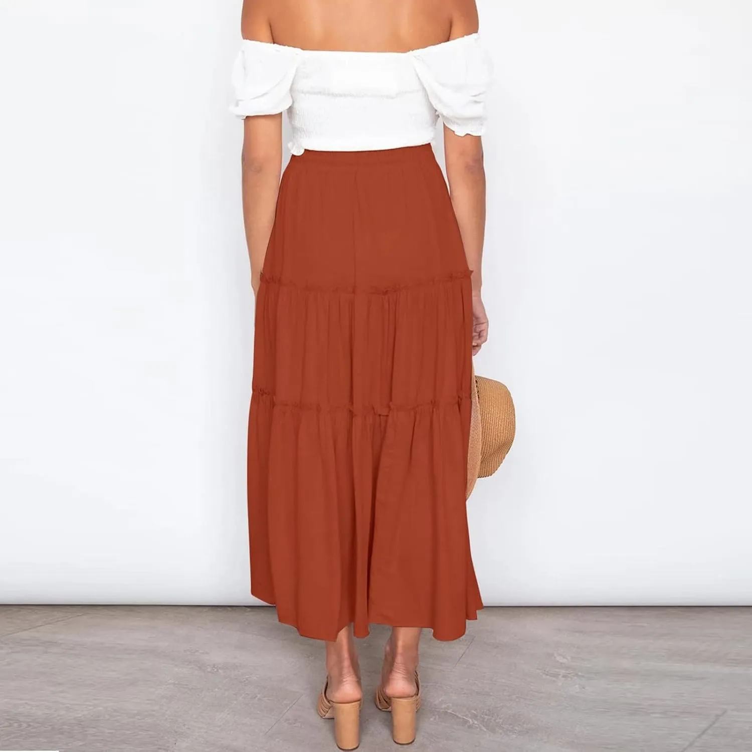 Beach Skirt for Summer Vacation High Elastic Waist Casual A Line Loose Solid Long Skirts for Women Trendy Clothes