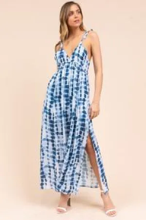 Blue tie dye ruffle strap maxi dress