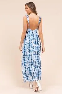 Blue tie dye ruffle strap maxi dress