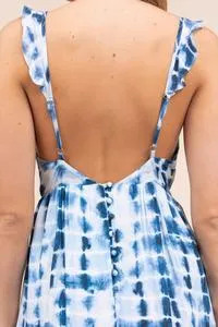 Blue tie dye ruffle strap maxi dress
