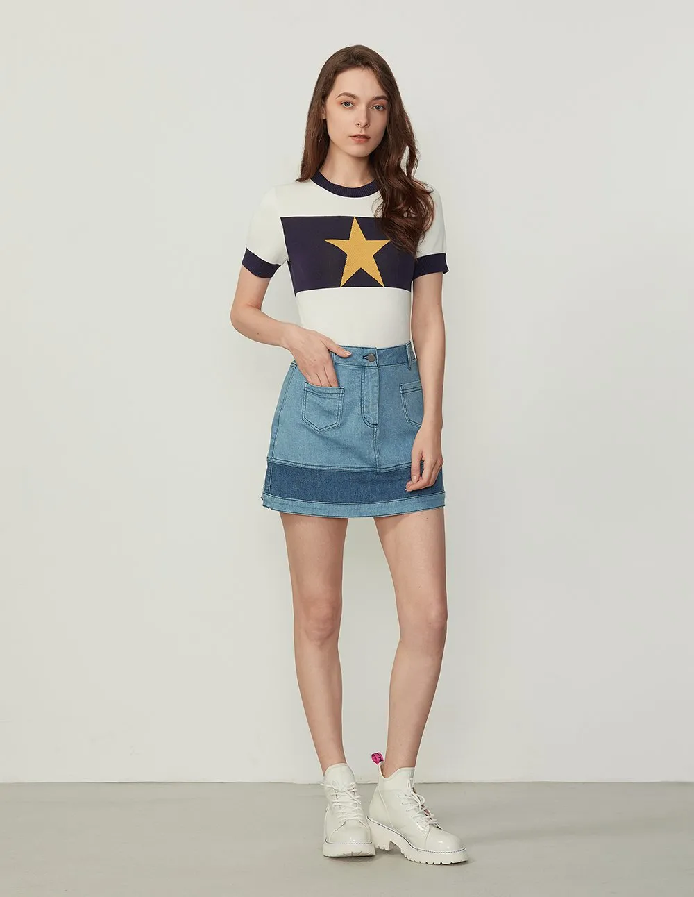 BORA AKSU Contrast Color Washed Denim Mini Skirt