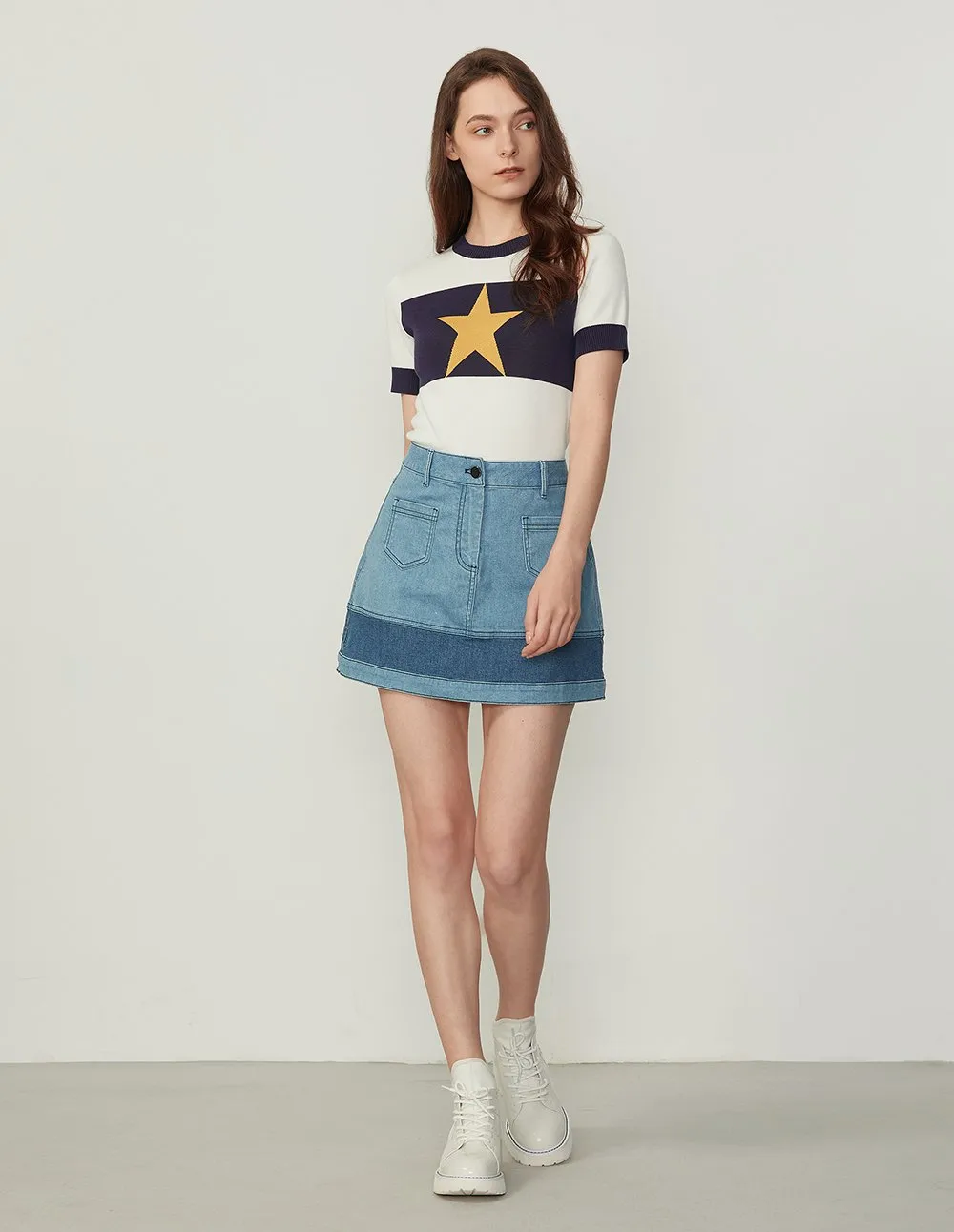 BORA AKSU Contrast Color Washed Denim Mini Skirt
