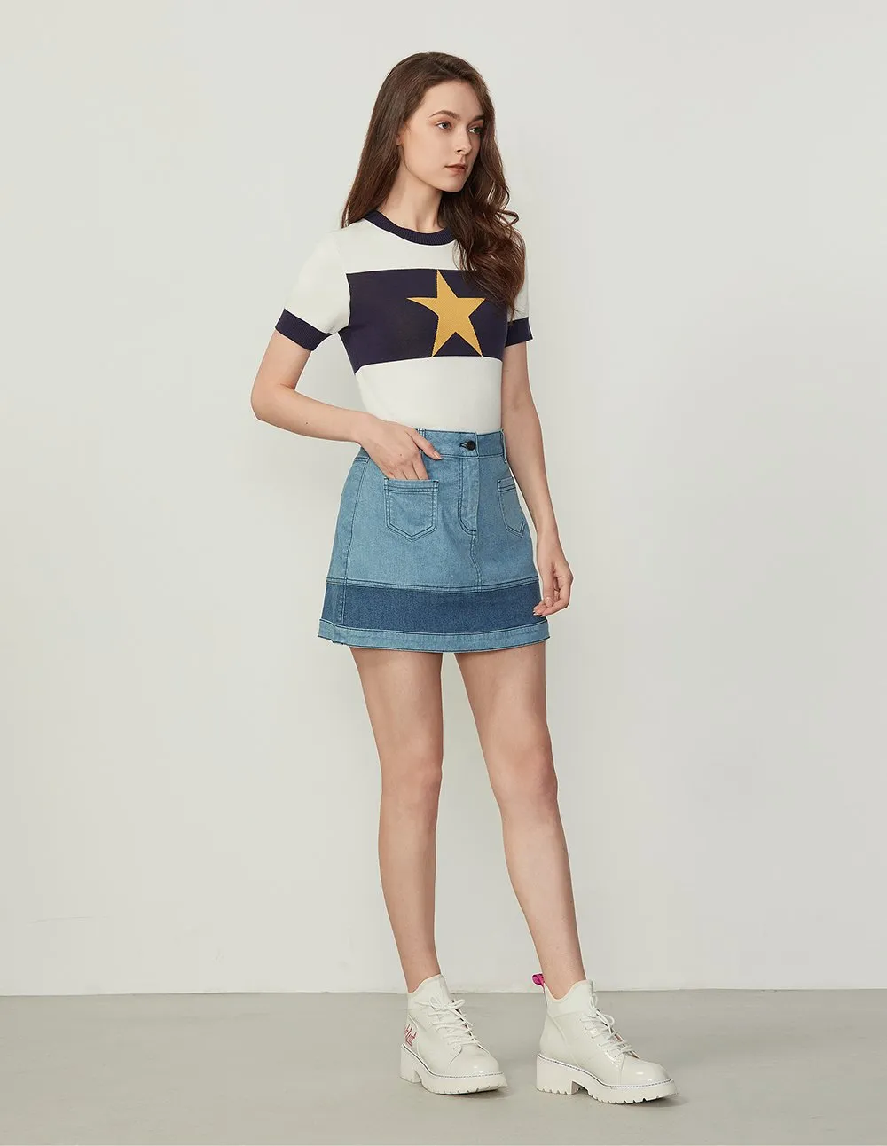 BORA AKSU Contrast Color Washed Denim Mini Skirt