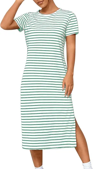 Borniu Women Casual Summer Dresses Short Sleeve Striped Midi Dress Crewneck Fashion Party Beach Vocation T Shirt Maxi Dress