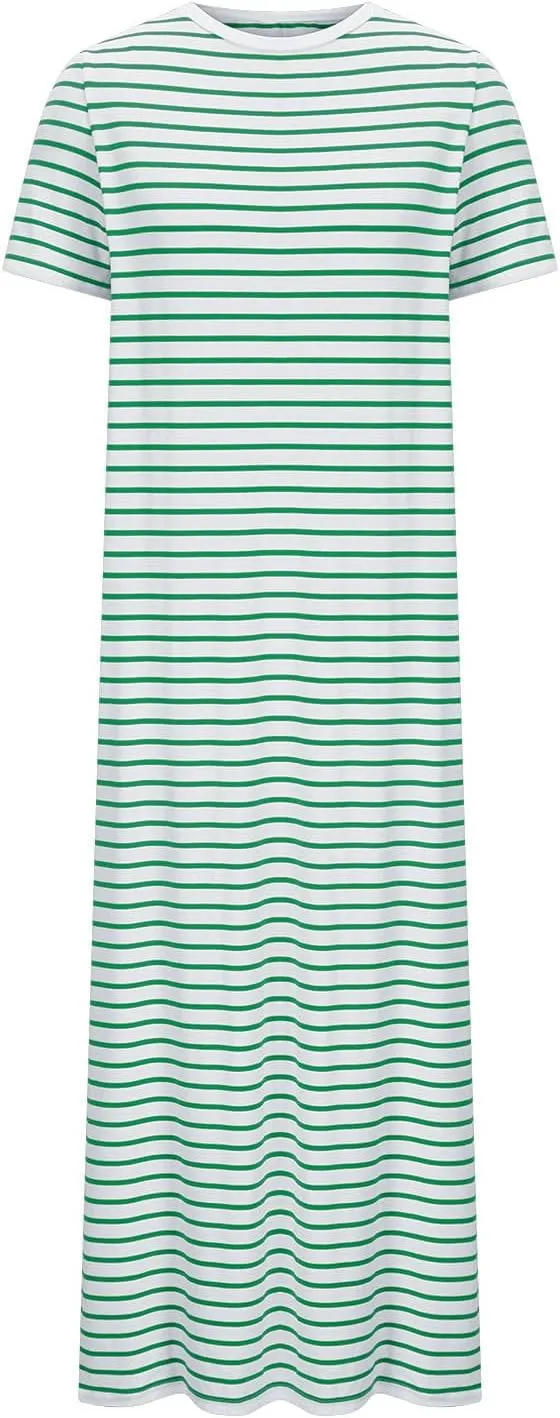 Borniu Women Casual Summer Dresses Short Sleeve Striped Midi Dress Crewneck Fashion Party Beach Vocation T Shirt Maxi Dress