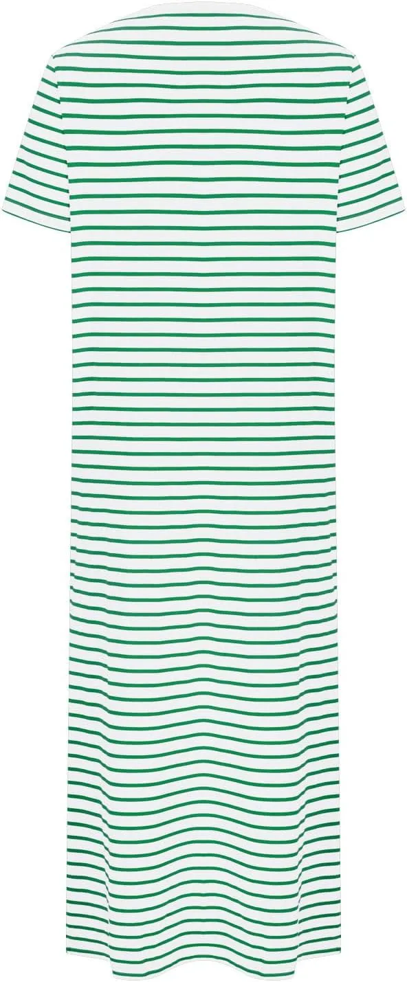 Borniu Women Casual Summer Dresses Short Sleeve Striped Midi Dress Crewneck Fashion Party Beach Vocation T Shirt Maxi Dress