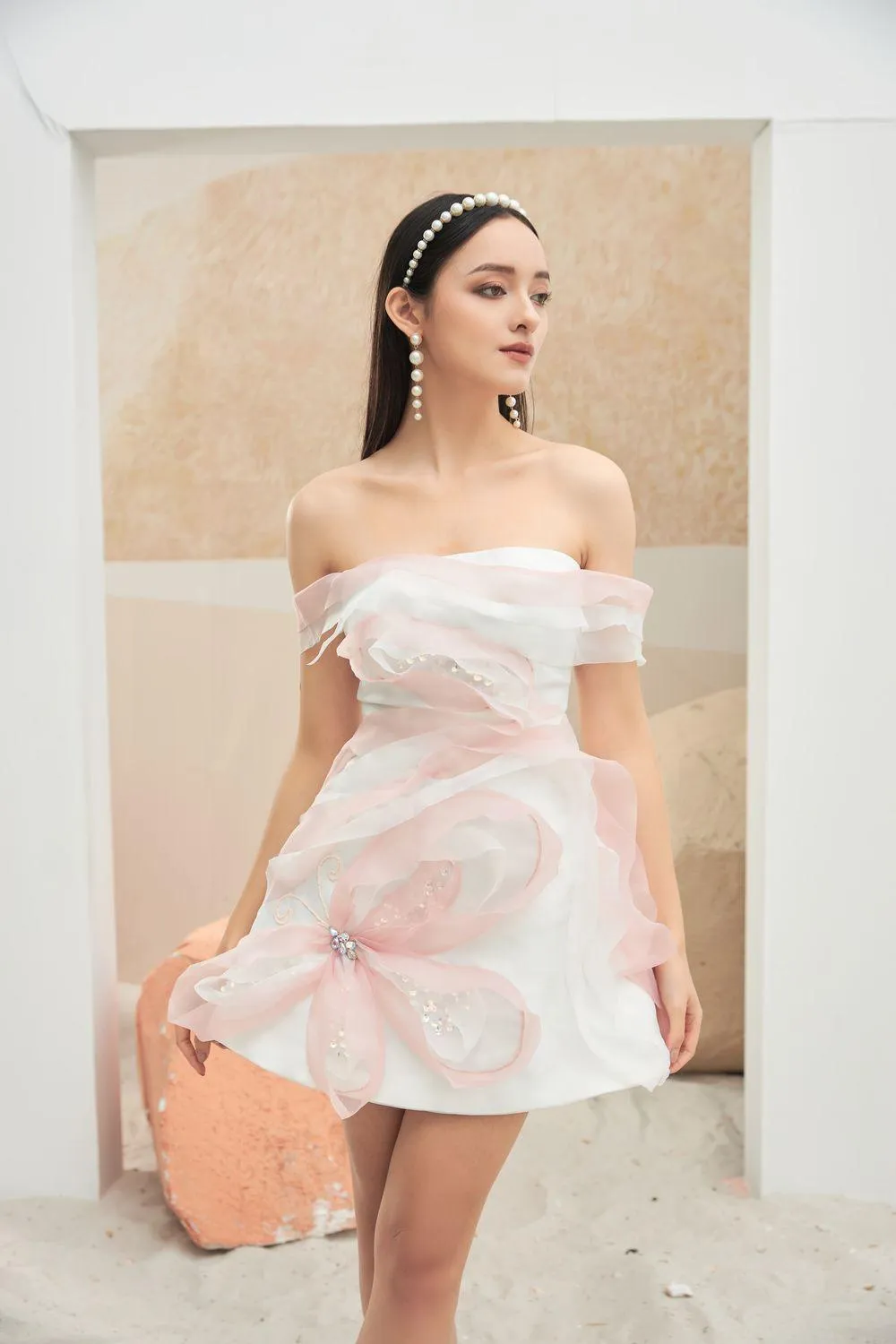 Claudia Fit and Flare Off-Shoulder Organza Mini Dress