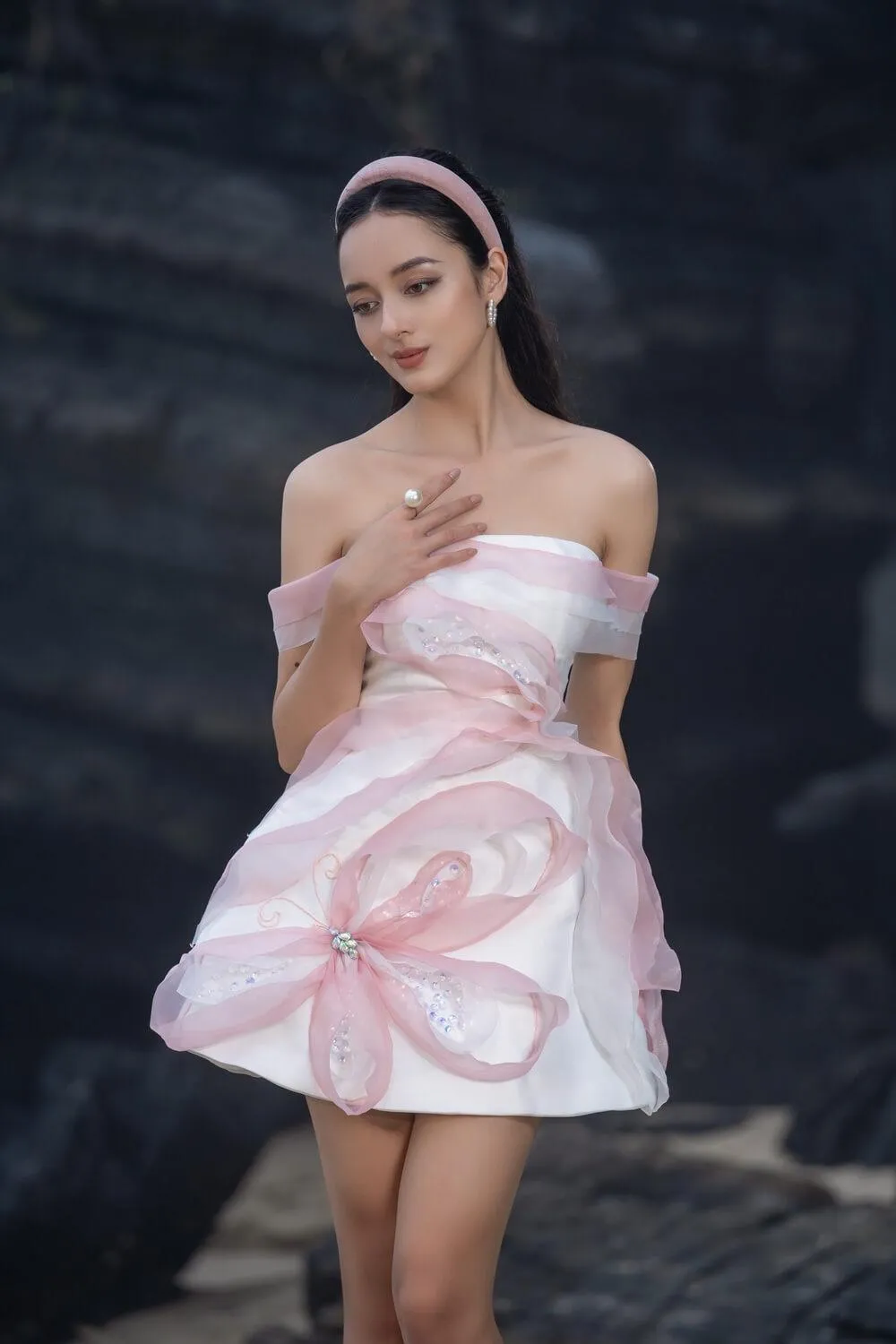 Claudia Fit and Flare Off-Shoulder Organza Mini Dress