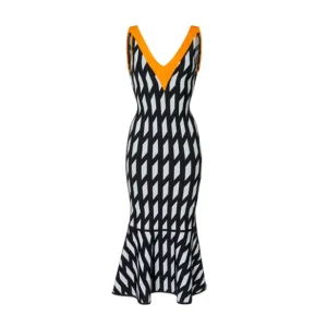 CONTRAST TRIM FIT AND FLARE KNIT DRESS