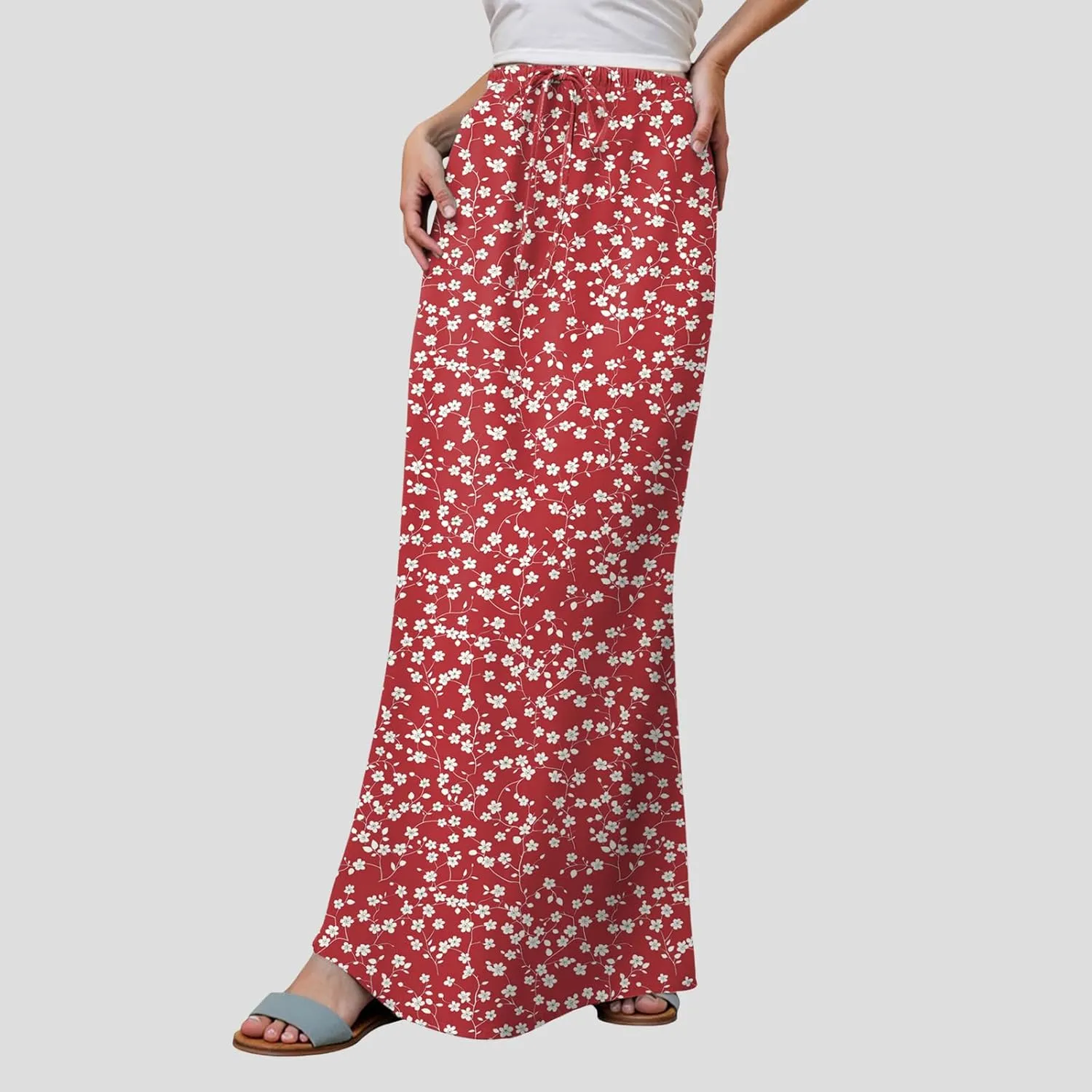 cooki Women's Linen Maxi Skirts 2025 Summer Casual Drawstring Low Waist Slim Fit Vacation Boho Long Skirts