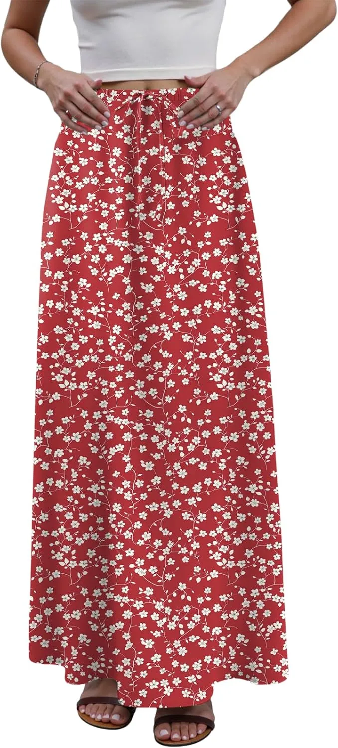 cooki Women's Linen Maxi Skirts 2025 Summer Casual Drawstring Low Waist Slim Fit Vacation Boho Long Skirts