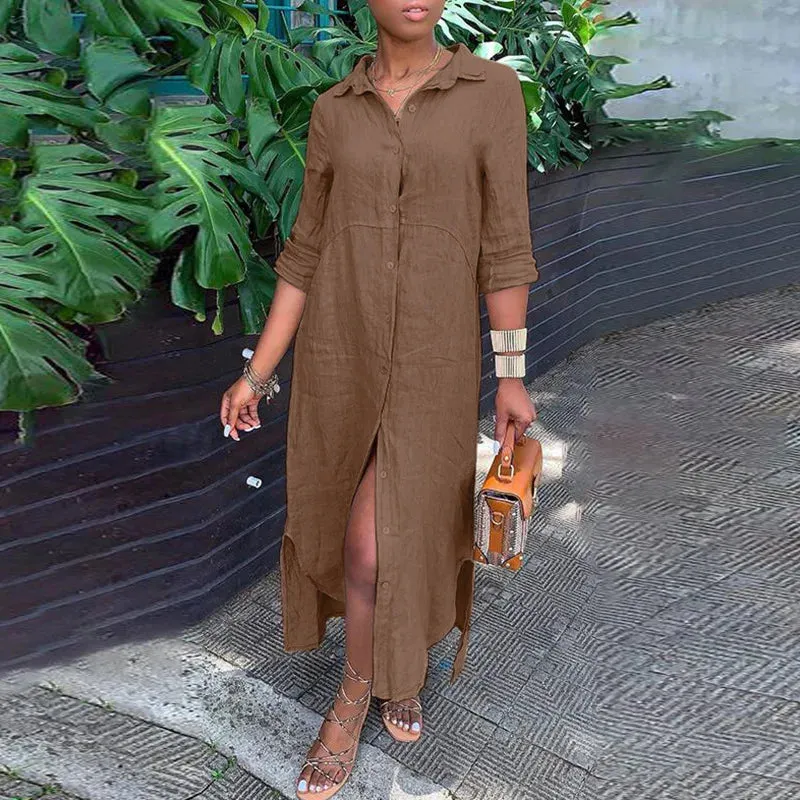 DressBetty - 2024 Vintage Solid Tunicas Lapel Button Up Boho Maxi Dress
