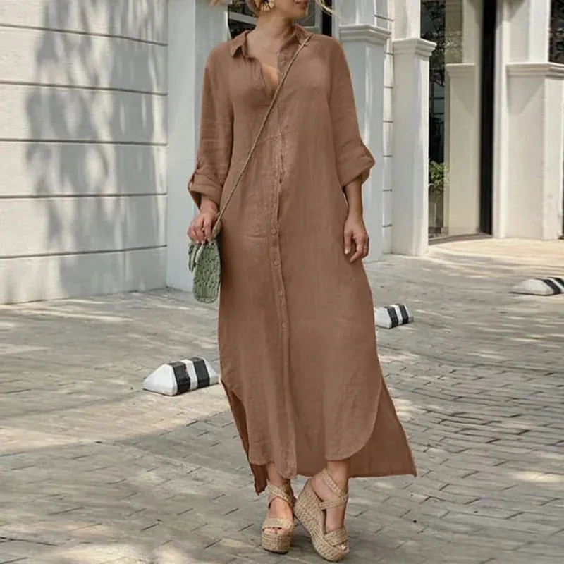 DressBetty - 2024 Vintage Solid Tunicas Lapel Button Up Boho Maxi Dress